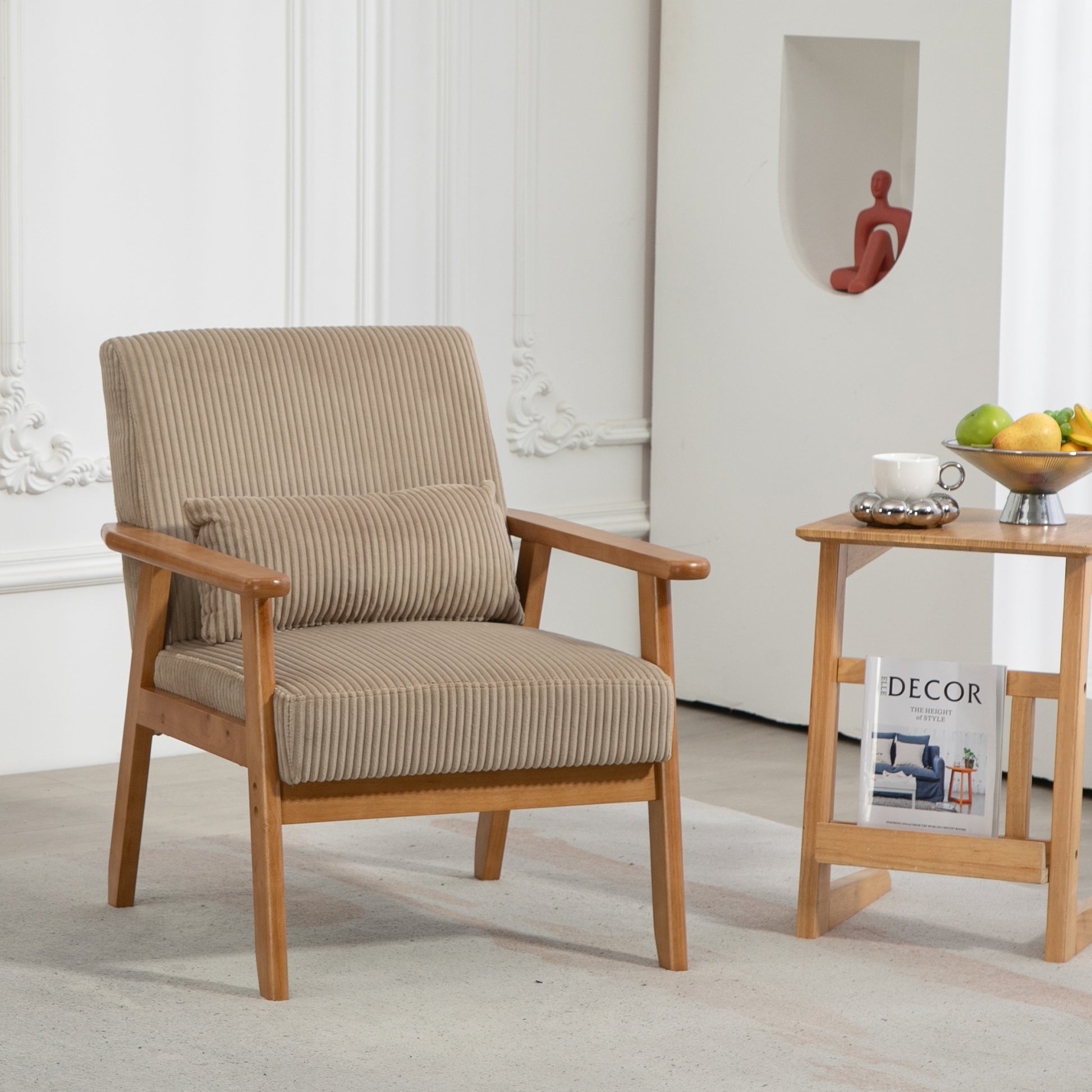 Leisure Chair With Solid Wood Armrest And Feet, Leisure Chair, Wood Frame, Velvet, L, Solid Rubber Wood Legs, Mid Century Modern Accent Chair, For Living Room Bedroom Studio Chair Camel Corduroy