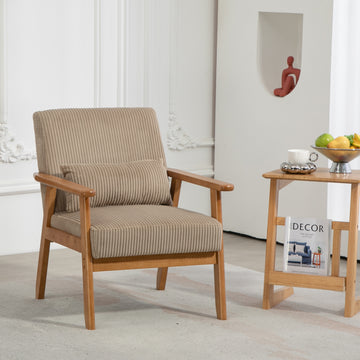 Leisure Chair With Solid Wood Armrest And Feet, Leisure Chair, Wood Frame, Velvet, L, Solid Rubber Wood Legs, Mid Century Modern Accent Chair, For Living Room Bedroom Studio Chair Camel Corduroy