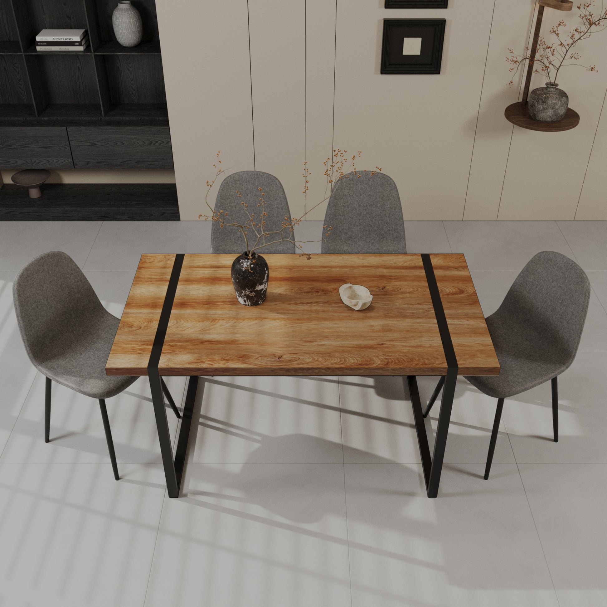 59" Mdf Natural Wood Dining Table And Modern Dining Chair Set Of 4 Pieces, Medieval Wooden Kitchen Dining Table Set, Black Rectangular Metal Base, Dining Table And Suede Chair Set Brown Grey Mdf