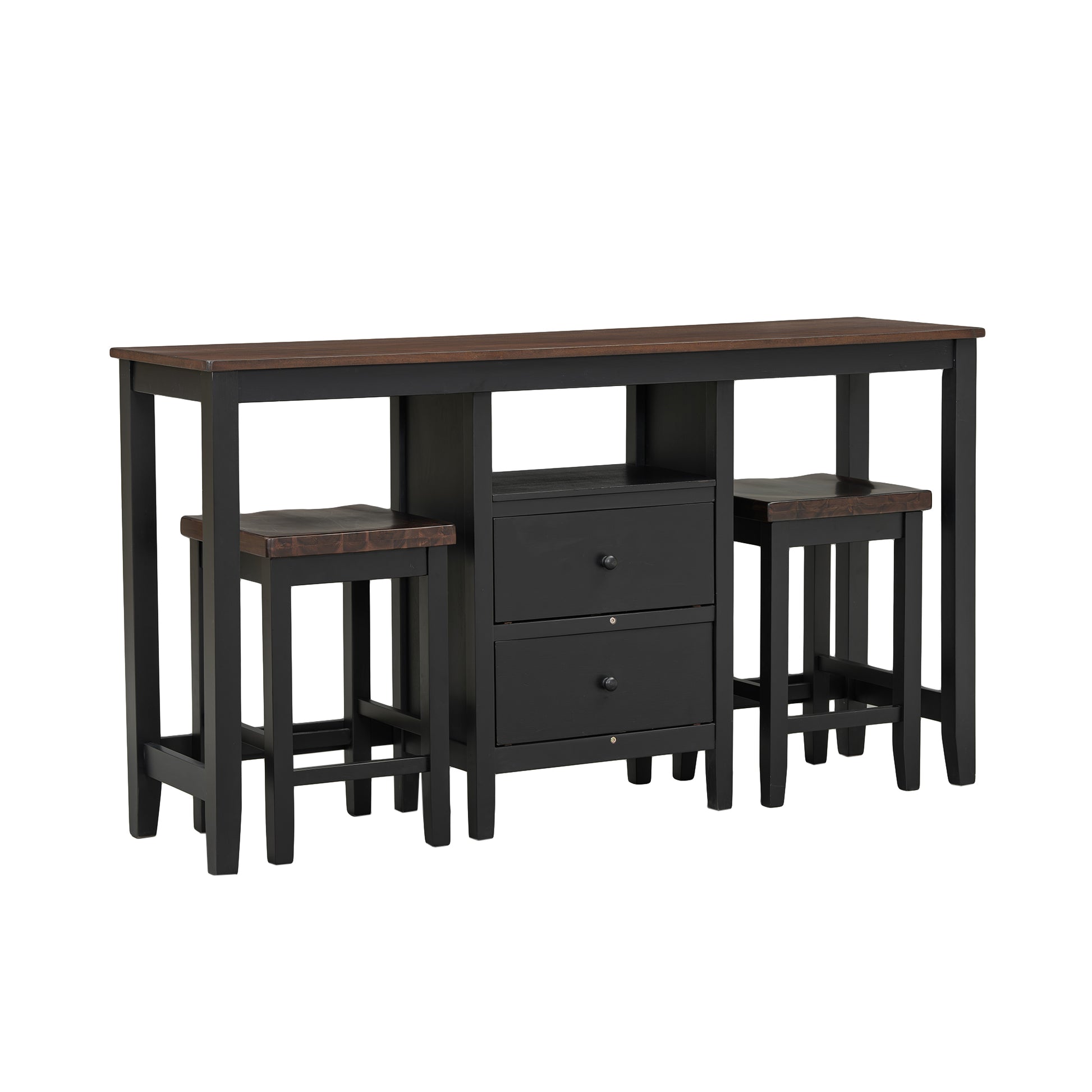 Farmhouse Rustic 3 Piece Counter Height Wood Dining Table Set With Cabinet,2 Storage Drawers And 2 Stools For Small Places,Black Cherry Wood Wood Cherry Seats 2 Wood Dining Room Farmhouse Rubberwood Rectangular Foam Solid Wood