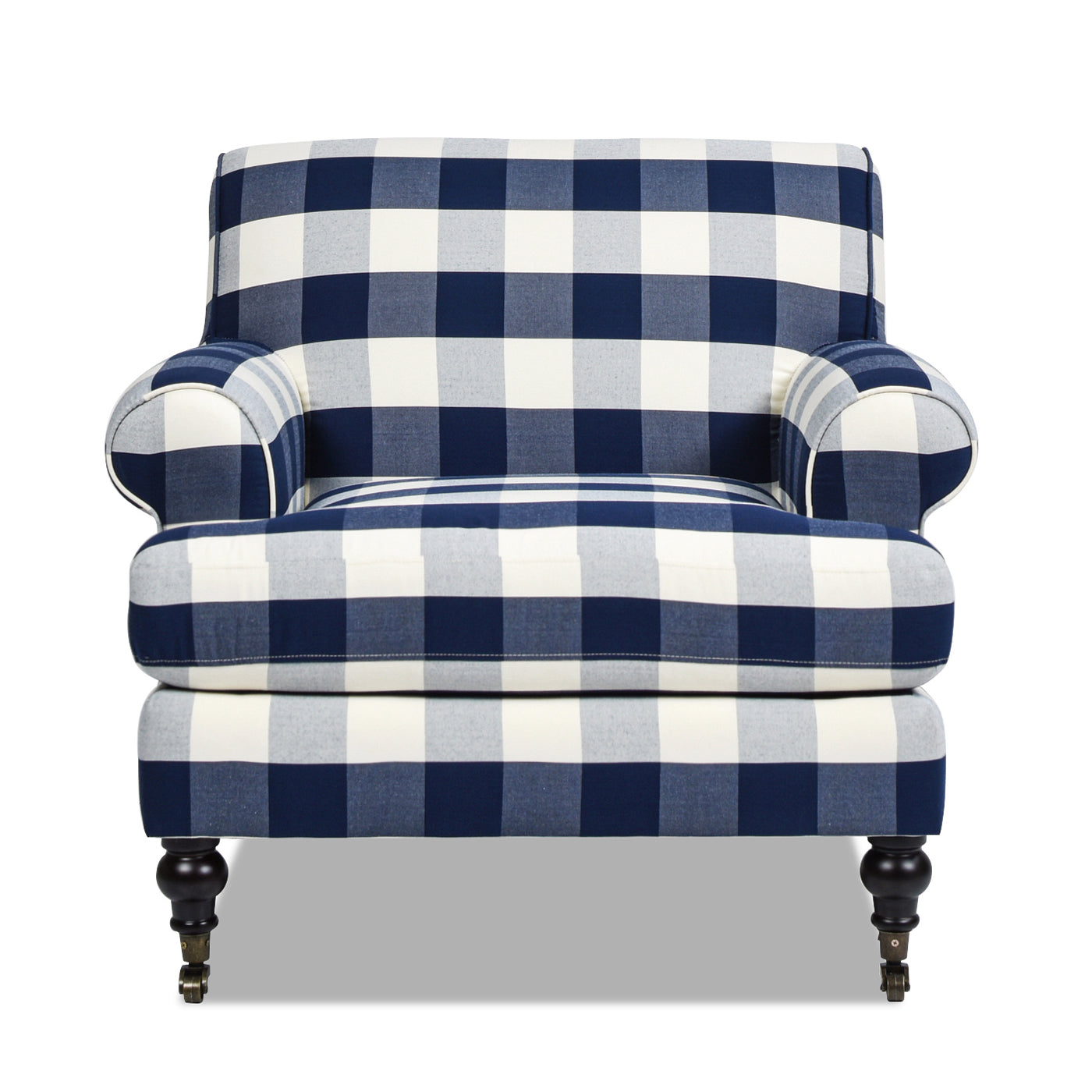 Alana 38" Lawson Accent Arm Chair Metal Casters, Blue Lattice Woven Blue Plaid Foam Fabric