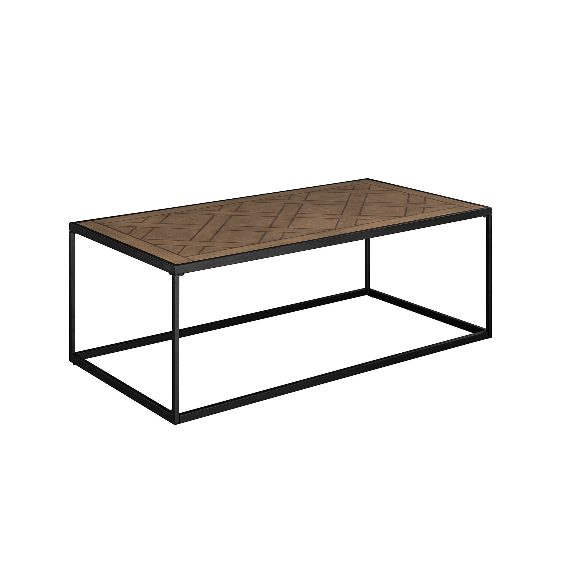 Contemporary Decorative Parquet Top Rectangle Coffee Table Parquet Veneer Brown Steel Mdf