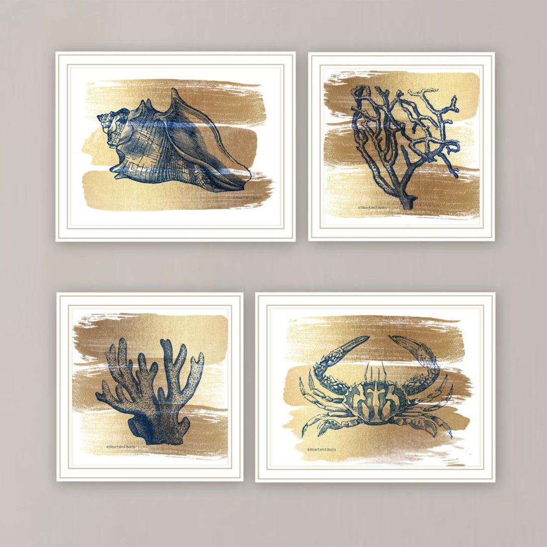 4 Pc Vignette Gold Sea Collection White Framed Wall Art For Living Room, Bedroom Wall Art Print For Home Decor By Bluebird Barn Multi Wood Paper