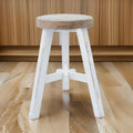 17 Inch Accent Stool, Round Brown Seat, Hand Painted White Tripod Legs Brown White Wood