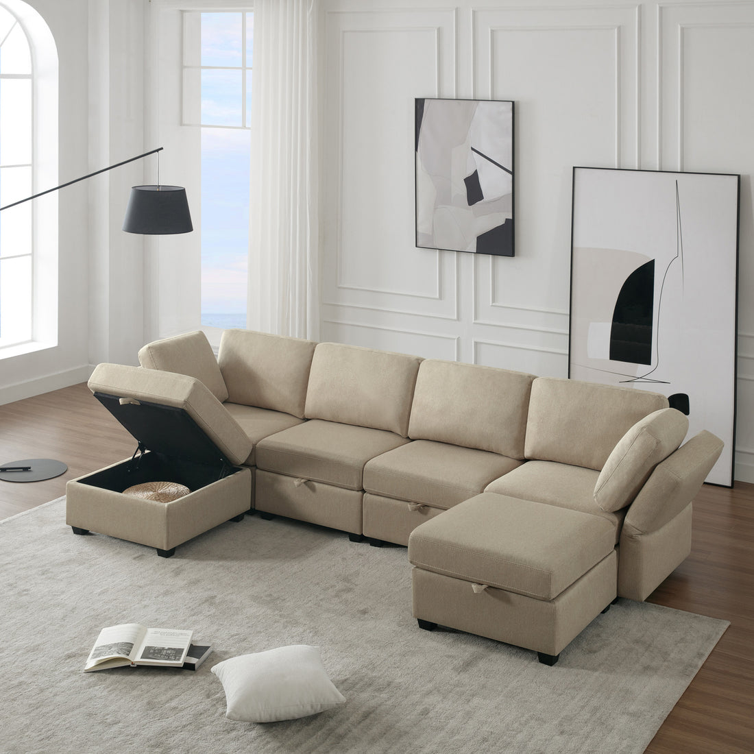 Adjustable Arms And Backs Modern U Shape Linen Couch Modular Sectional Sofa Couch With Storage Seat, Large Convertible Sofa With Reversible Chaise For Living Room Apartment Office, Beige Beige Polyester 4 Seat