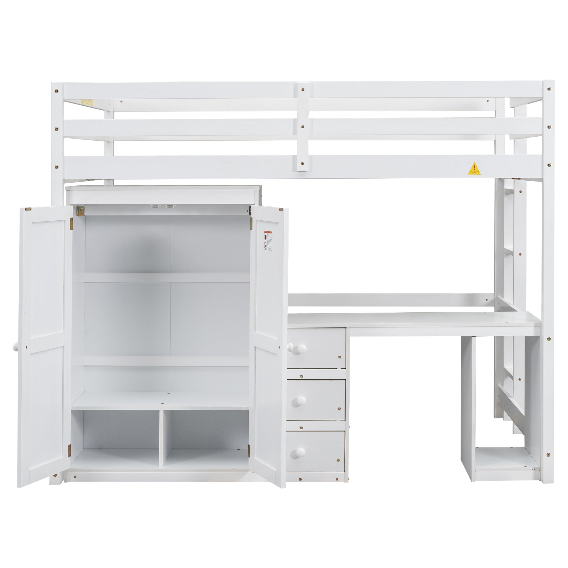 Full Size Loft Bed With Wardrobe, Desk And Storage Drawers, White Full White Pine