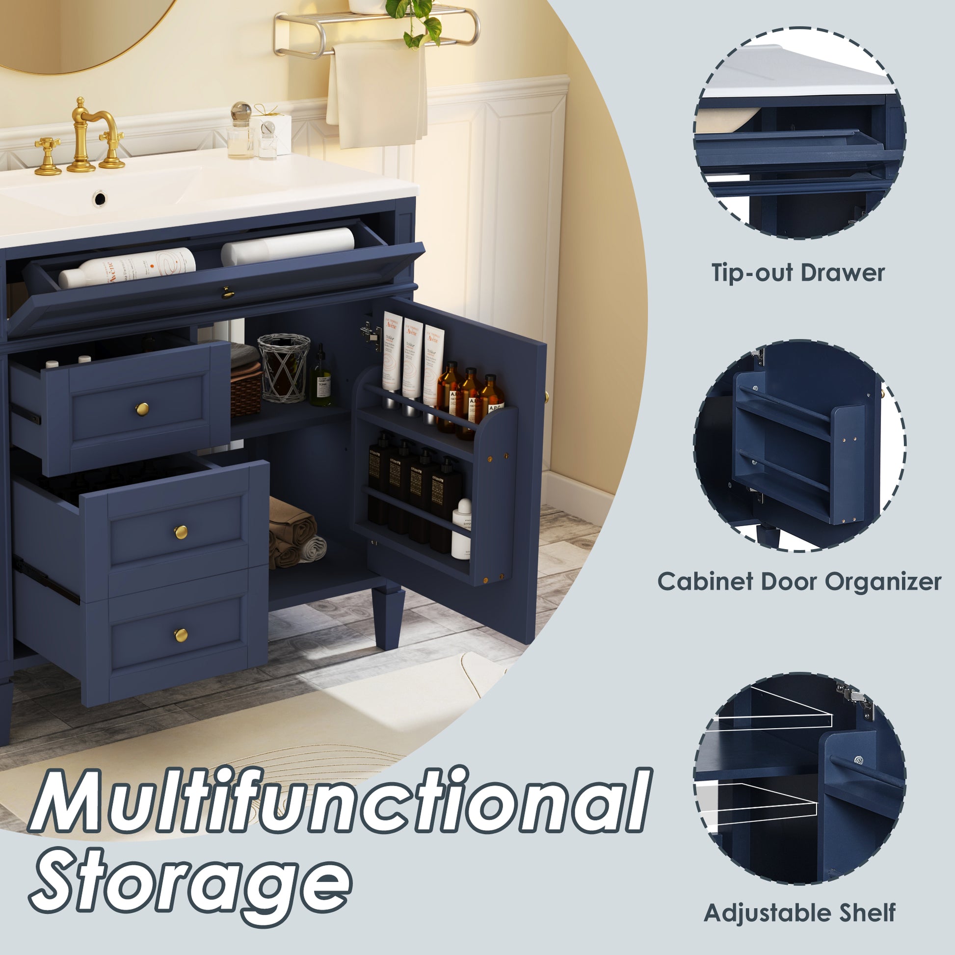 36'' Bathroom Vanity With Top Sink, Modern Bathroom Storage Cabinet With 2 Drawers And A Tip Out Drawer, Single Sink Bathroom Vanity Blue Bathroom Solid Wood Mdf Ceramic,Solid Wood Mdf