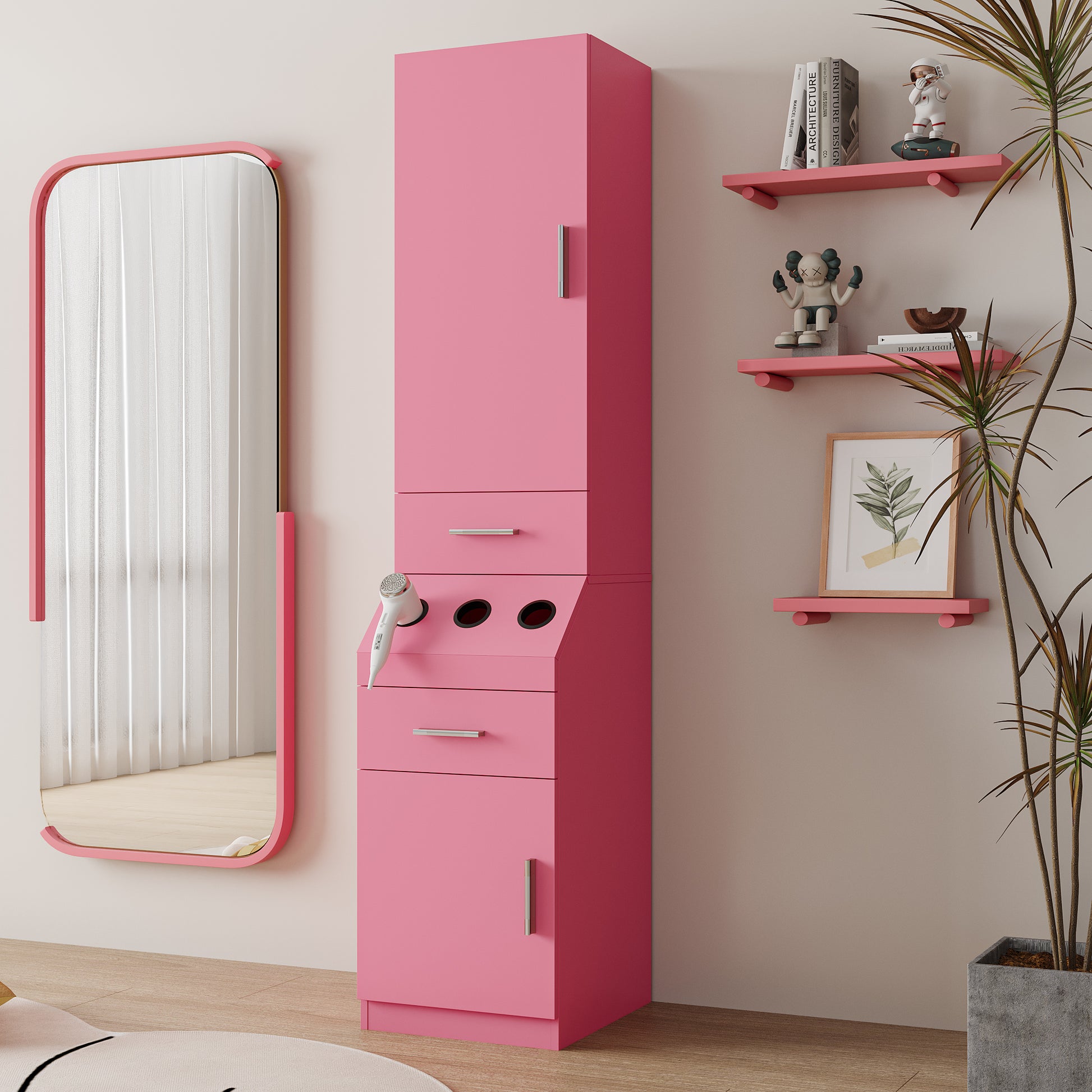 Salon Station, Barber Stations With 2 Tier Storage Shelf With Door, Hair Styling Storage Cabinet With 2 Drawer, A Large Storage Cabinet & 3 Hot Tool Holders Pink Particle Board Mdf