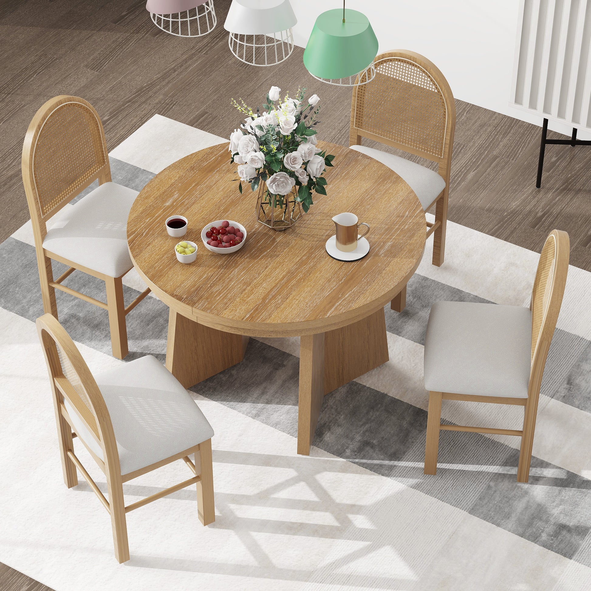 5 Piece Retro Functional Dining Set With 1 Extendable Dining Table And 4 Upholstered Chairs With Rattan Backrests For Dining Room And Kitchen Natural Wood Wash Natural Wood Wash Solid Wood Mdf