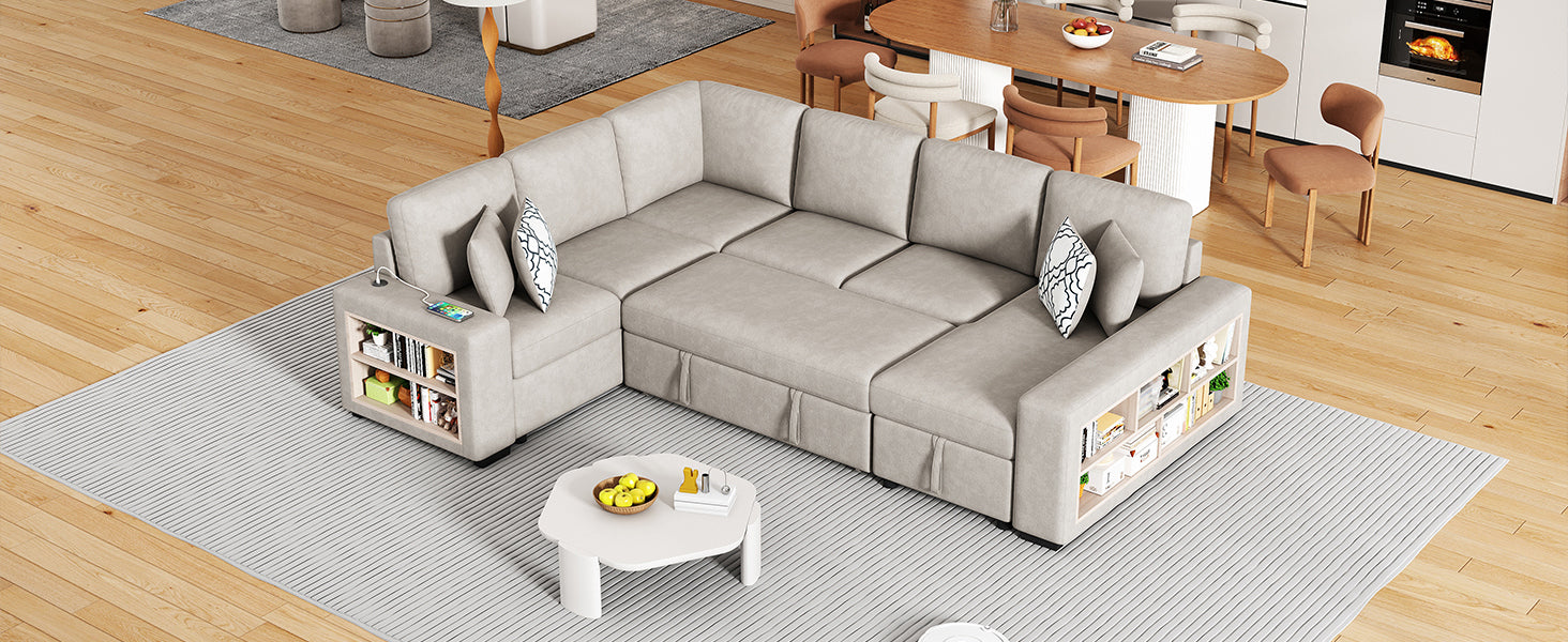 109" U Shaped Sectional Sofa Pull Out Sofa Bed With Two Usb Ports, A Storage Chaise Lounge And Four Back Pillows For Living Room, Beige Beige Foam Chenille 5 Seat