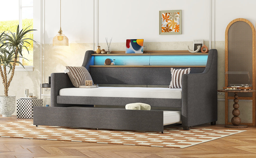 Twin Size Daybed With Trundle Bed, Upholstered Daybed With Charging Station And Led Lights, Gray Twin Gray Linen