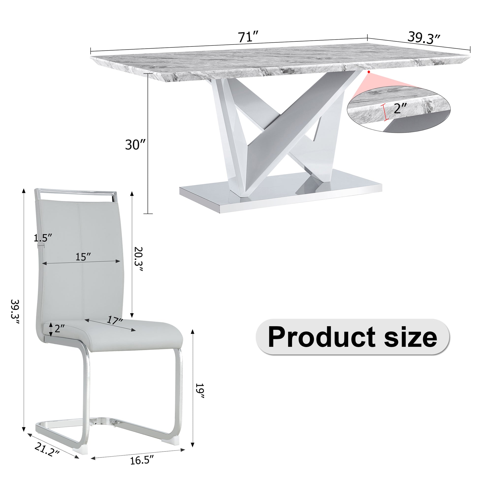 1 Table And 8 Chairs Set.Modern Grey Mdf Faux Marble Dining Table With Double V Shaped Supports.Paired With 8 Modern Pu Artificial Leather Soft Cushion With Silver Metal Legs.F Vv,C 1162 Gray Silver Seats 8 Mdf Metal