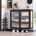 Retro Style Haze Double Glass Door Wall Cabinet With Detachable Shelves For Office, Dining Room,Living Room, Kitchen And Bathroom Black Black Tempered Glass Sheet Metal Plastic