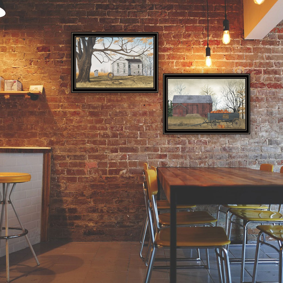 2 Piece Vignette Farmhouse, Barn & Pumpkin Wagon Black Framed Wall Art For Living Room, Bedroom Wall Art Print For Home Decor By Billy Jacobs Multicolor Wood Paper