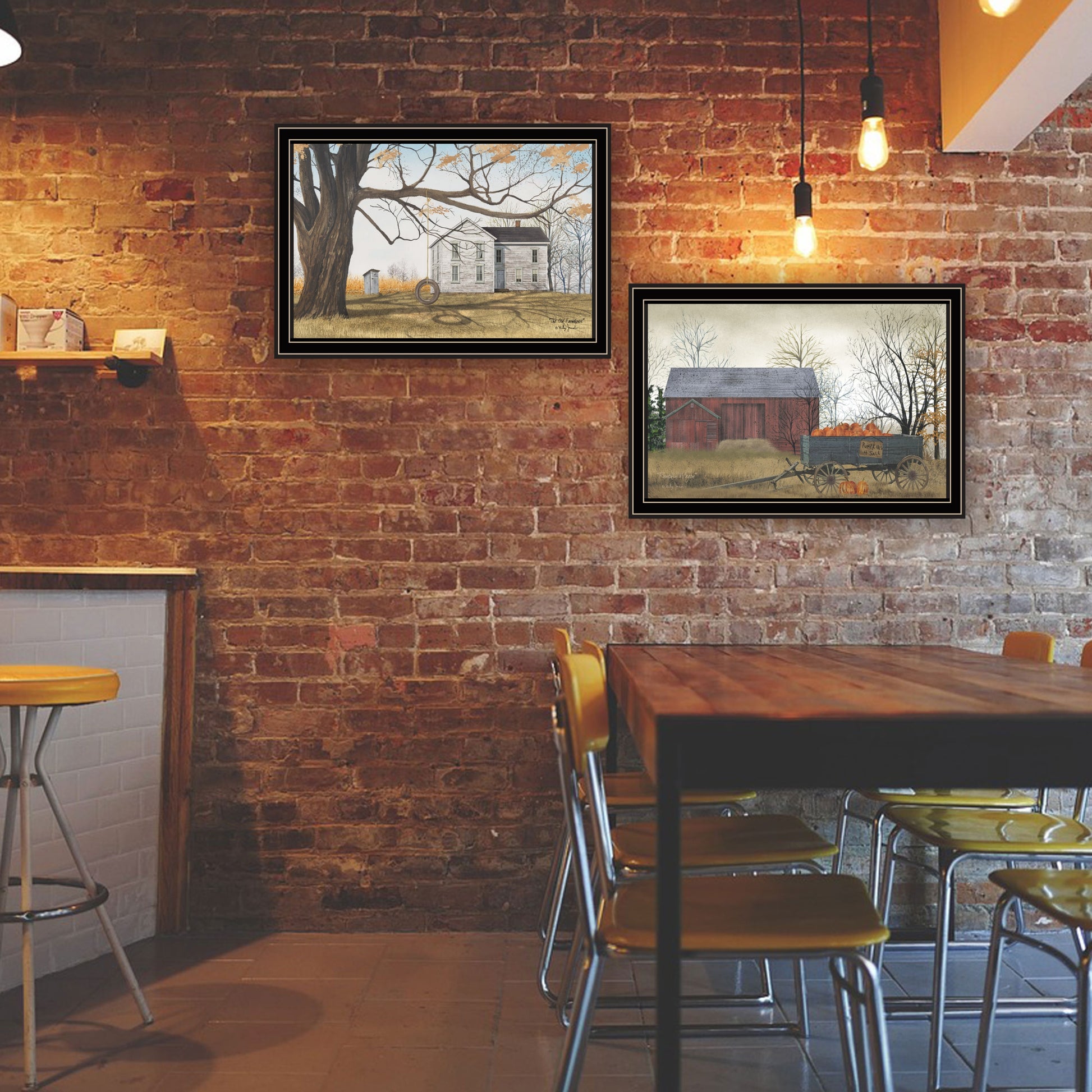 2 Piece Vignette Farmhouse, Barn & Pumpkin Wagon Black Framed Wall Art For Living Room, Bedroom Wall Art Print For Home Decor By Billy Jacobs Multicolor Wood Paper