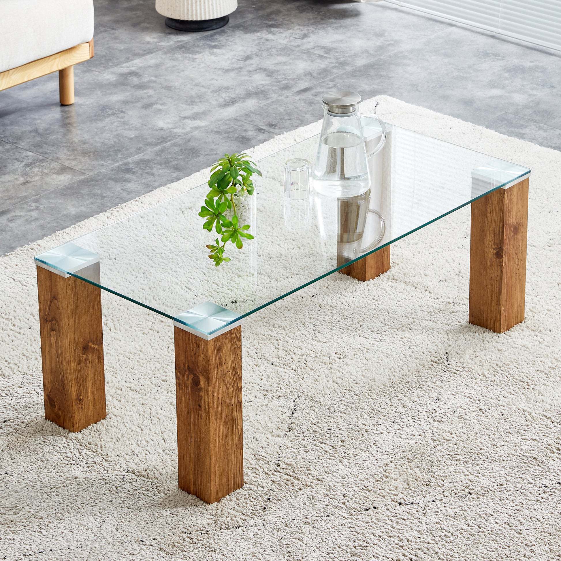 Glass Top Coffee Table,Tea Table, With Mdf Legs Stylish Blend Of Elegance And Durability 44.9"*21.7"*16.9" Transparent Wood Glass