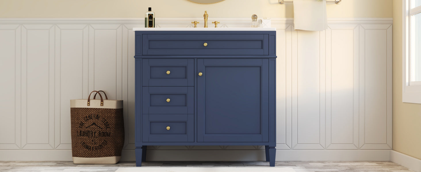 36'' Bathroom Vanity With Top Sink, Modern Bathroom Storage Cabinet With 2 Drawers And A Tip Out Drawer, Single Sink Bathroom Vanity Blue Bathroom Solid Wood Mdf Ceramic,Solid Wood Mdf