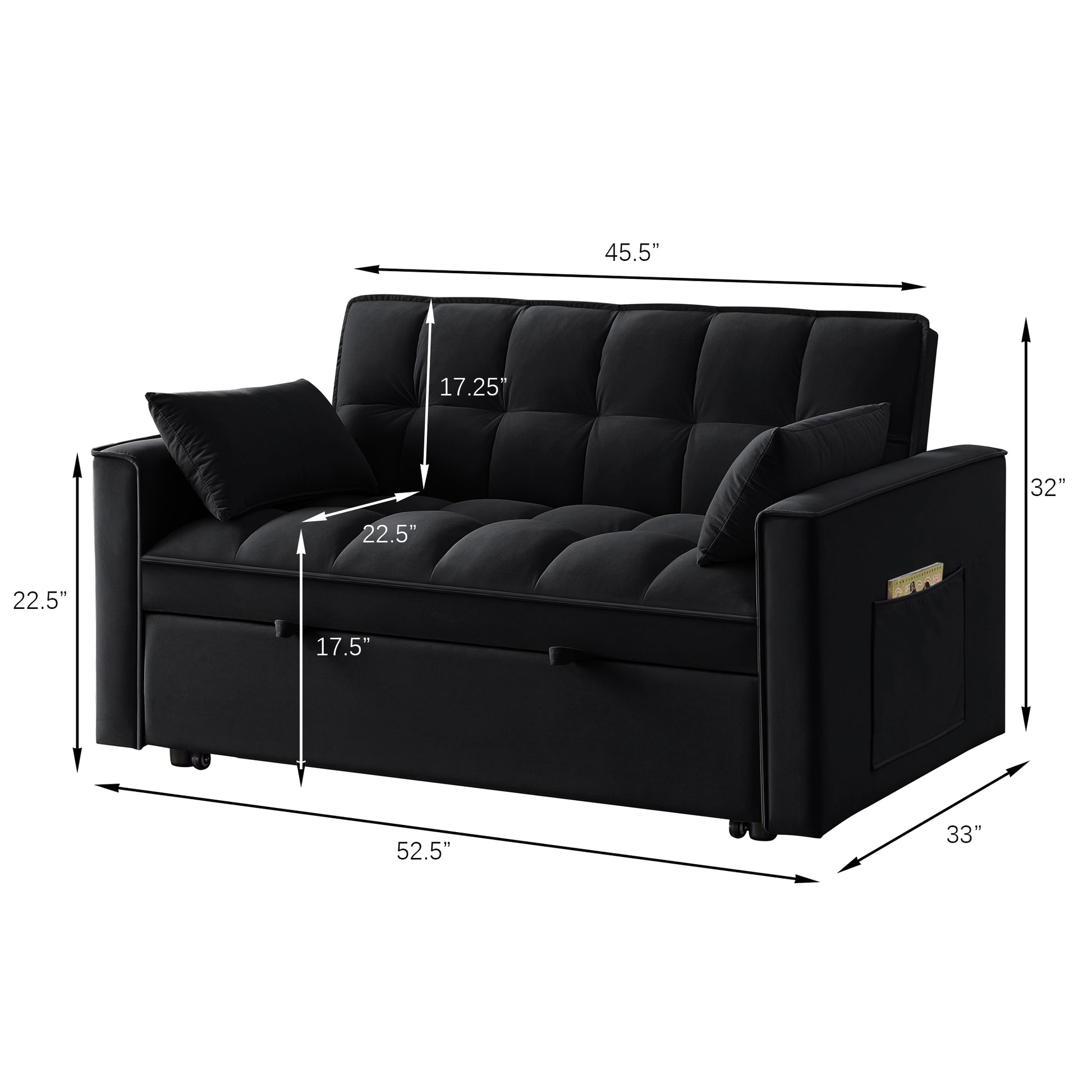 4 In1 Loveseat Sofa Bed With Armrests & Storage Pockets, Multi Function Tufted Pull Out Sofa Bed With Adjustable Backrest And Pillows, Convertible Loveseat Sofa Couch,Black Black Velvet Primary Living Space Medium Soft Tufted Back American