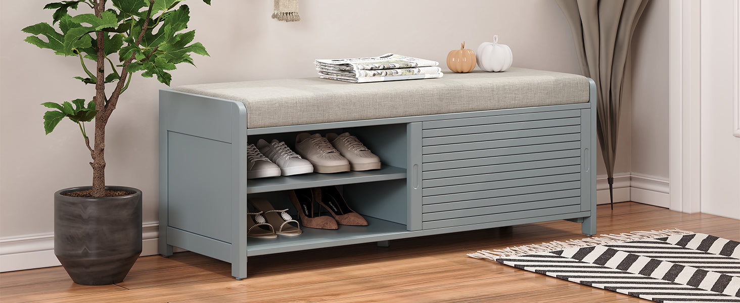 Distressed Shutter Storage Bench With Acacia Veneer For Retro Charm For Living Room, Entryway Grey Grey Mdf
