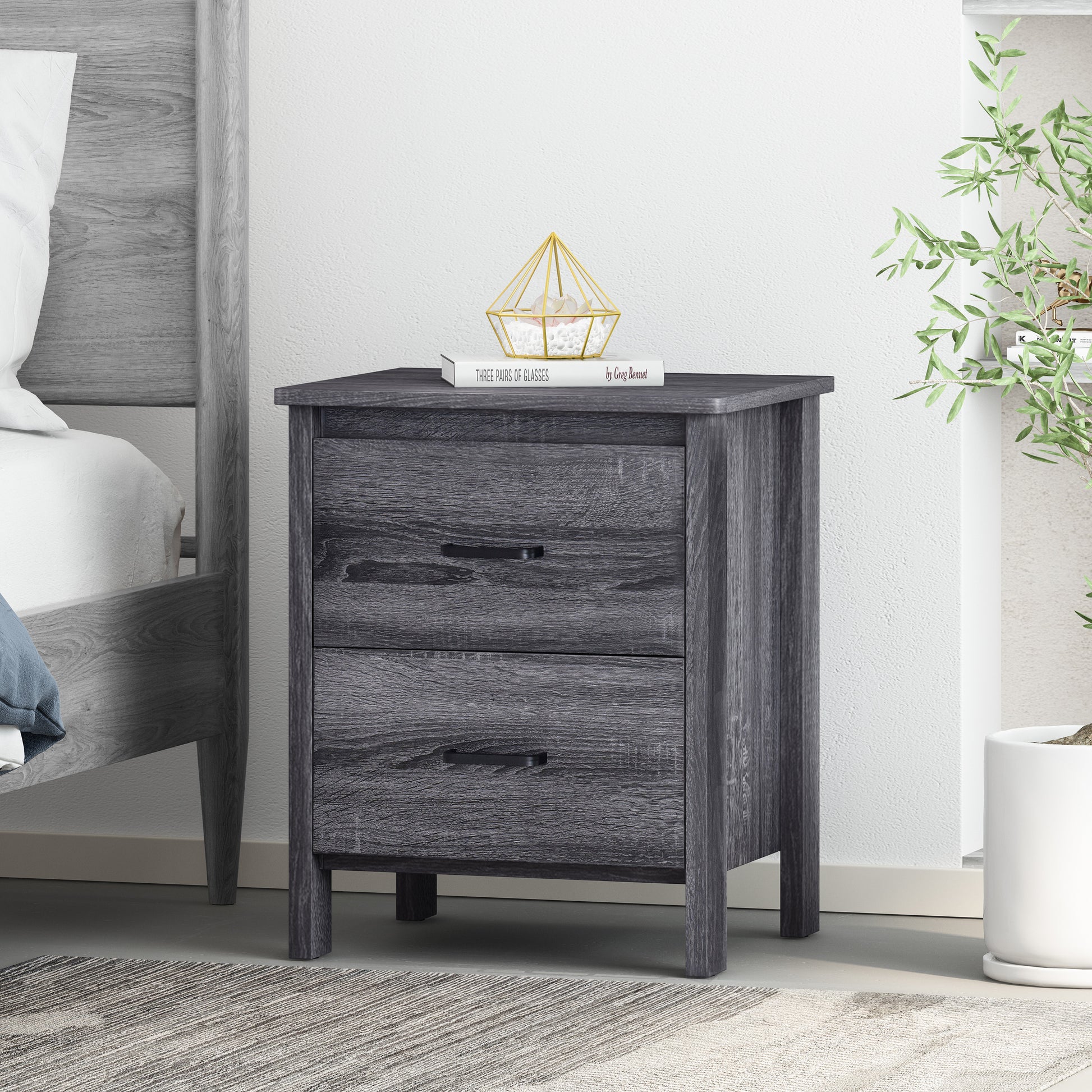 Toolless Assembly Nightstand Dark Grey Mdf