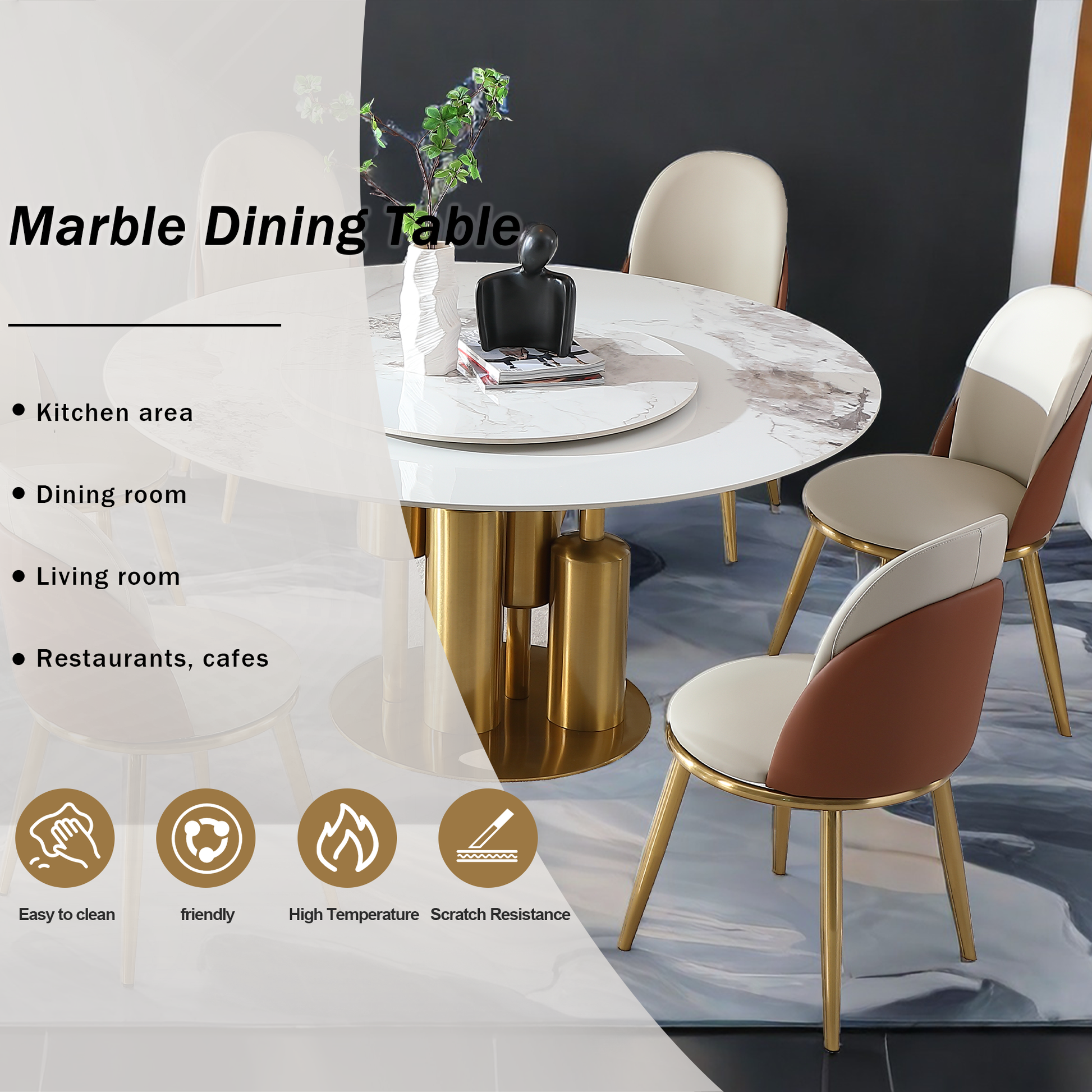 Modern Marble Dining Table, 59" Round Sintered Stone Table For Dining Room, Kitchen, Dinette, Compact Space With Lazy Susan 6 Chairs Gold,White Dining Room American Design,Luxury,Modern Tabeltop