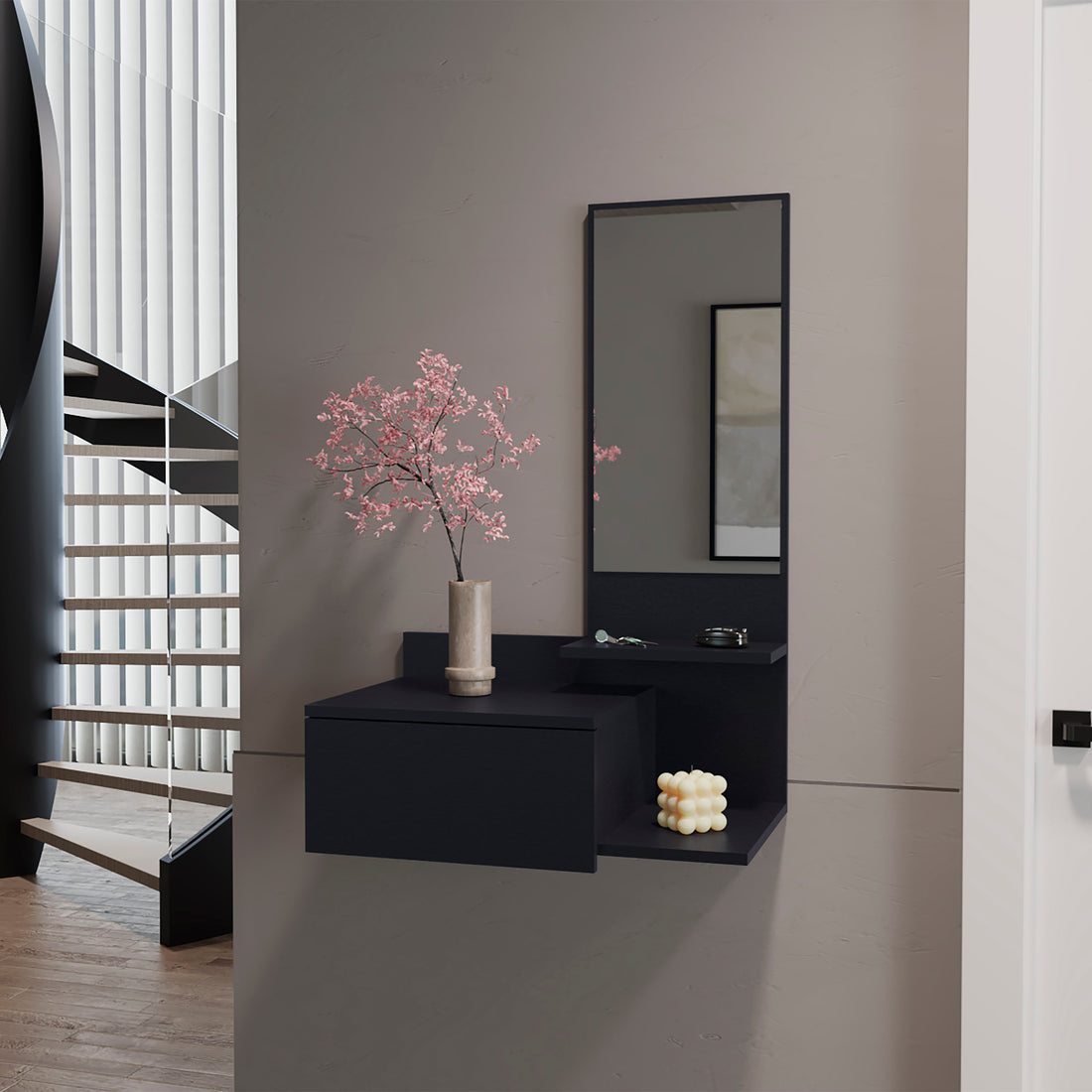 Floating Hallway Cabinet Lowell, Living Room, Black Black Particle Board Engineered Wood