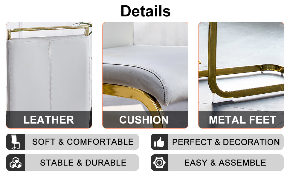 Table And Chair Set.Large Modern Rectangular Table With 0.4 Inch Patterned Glass Tabletop And Large Mdf Table Legs.Comes With 8 Chairs With Faux Leather Cushioned Seats And Golden Metal Legs. Gold White Seats 8 Mdf Glass