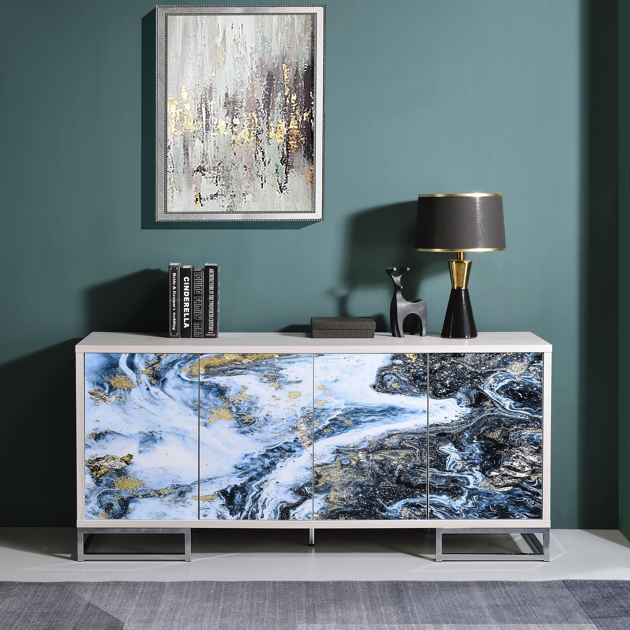 Liam Console Cabinet, Blue Marble Paint & Chrome Finish Ac02345 Blue Multi Metal