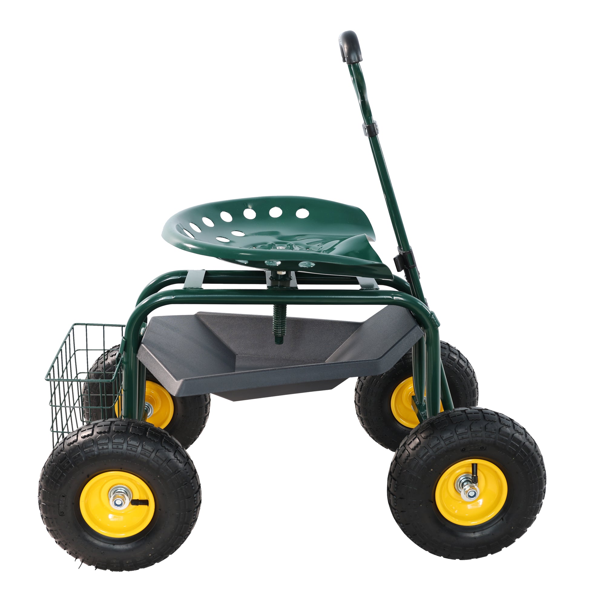 Garden Trolley Rolling Work Chair With Wheels, Garden Stool For Planting, 360 Degree Swivel Seat, Station Wagon Scooter With Steering Handle And Utility Tray, For Yard And Outdoors, Green Green Garden & Outdoor Iron