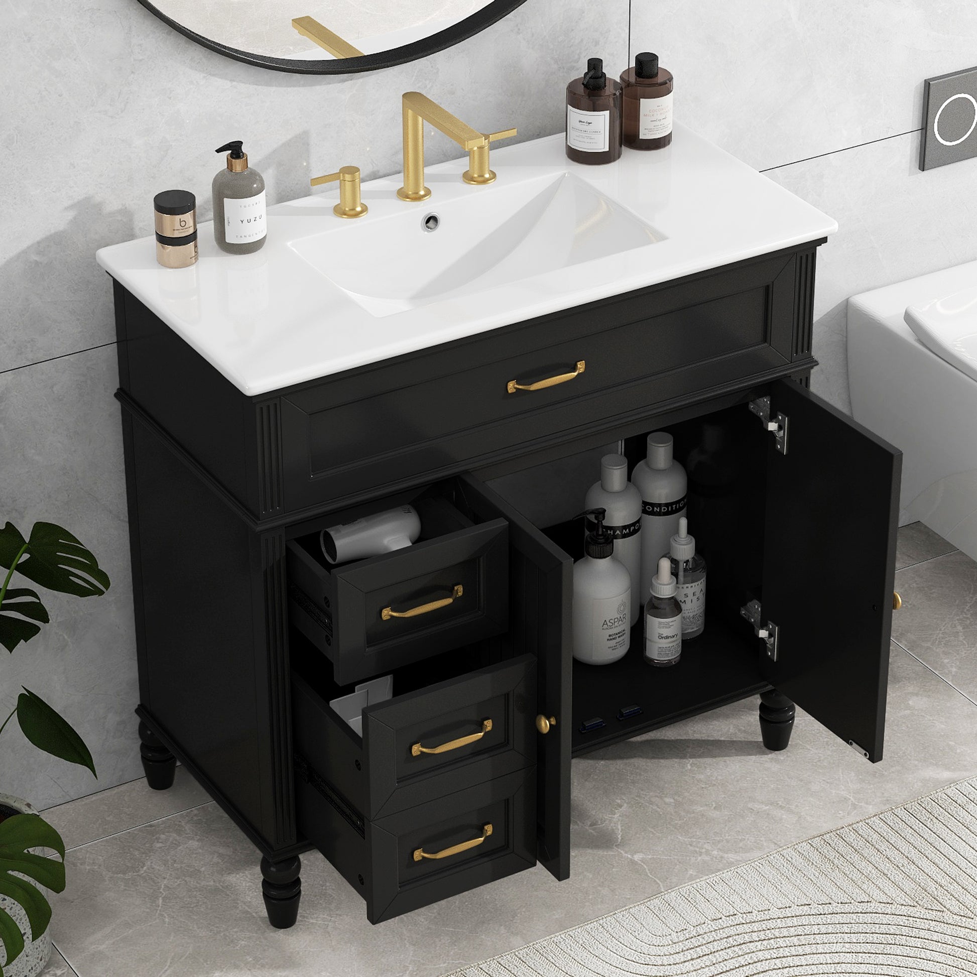 36" Bathroom Vanity With Sink, Black Bathroom Cabinet With Drawers, Solid Frame And Mdf Board, One Package Black Solid Wood Mdf