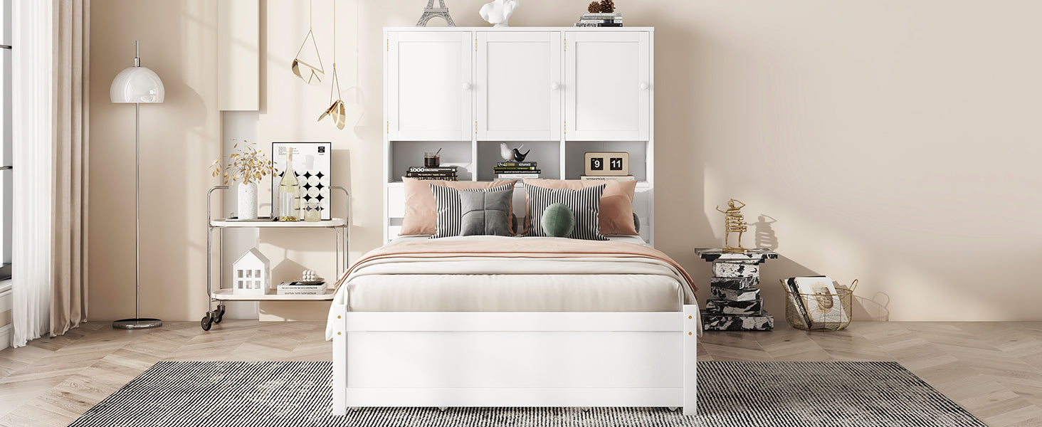 Full Size Platform Bed With Storage Headboard And 4 Drawers, White Box Spring Not Required Full White Wood Bedroom Bed Frame Solid Wood Mdf