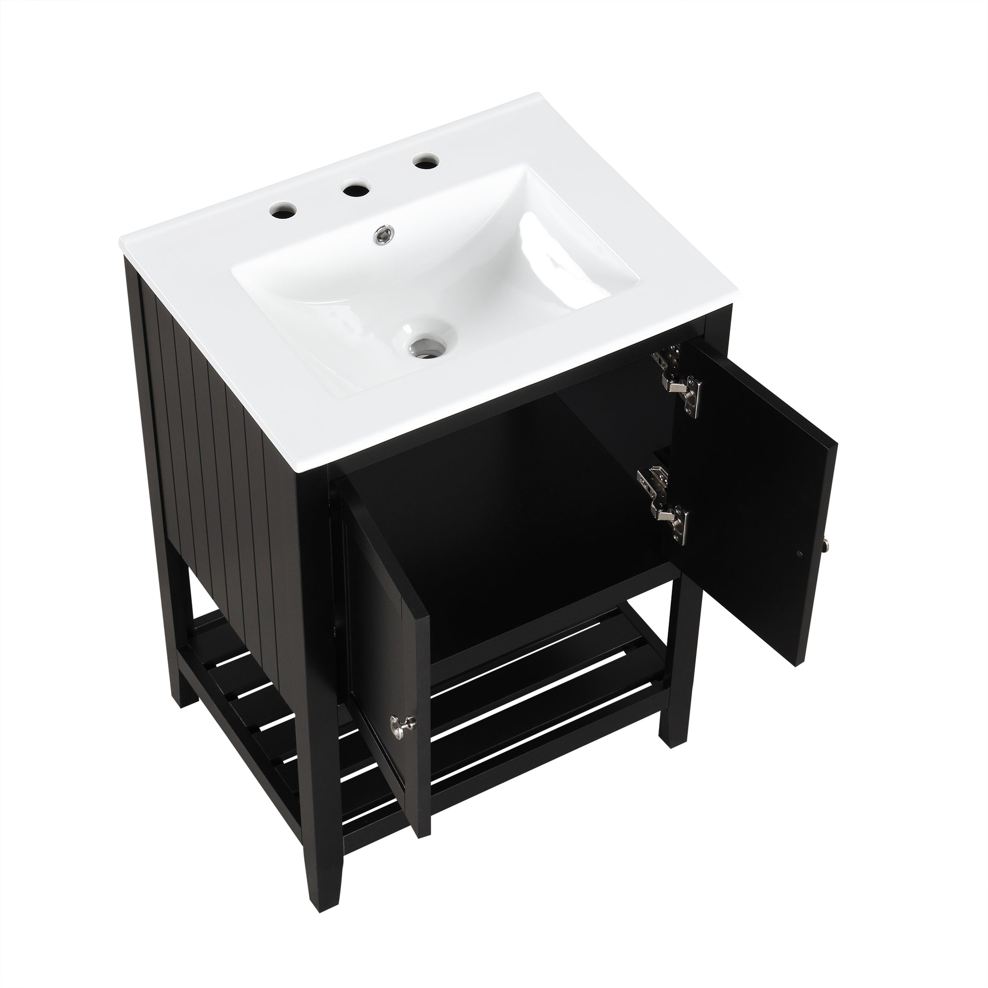 Video 24" Black Modern Sleek Bathroom Vanity Elegant Ceramic Sink With Solid Wood Frame Open Style Shelf Black Solid Wood Mdf