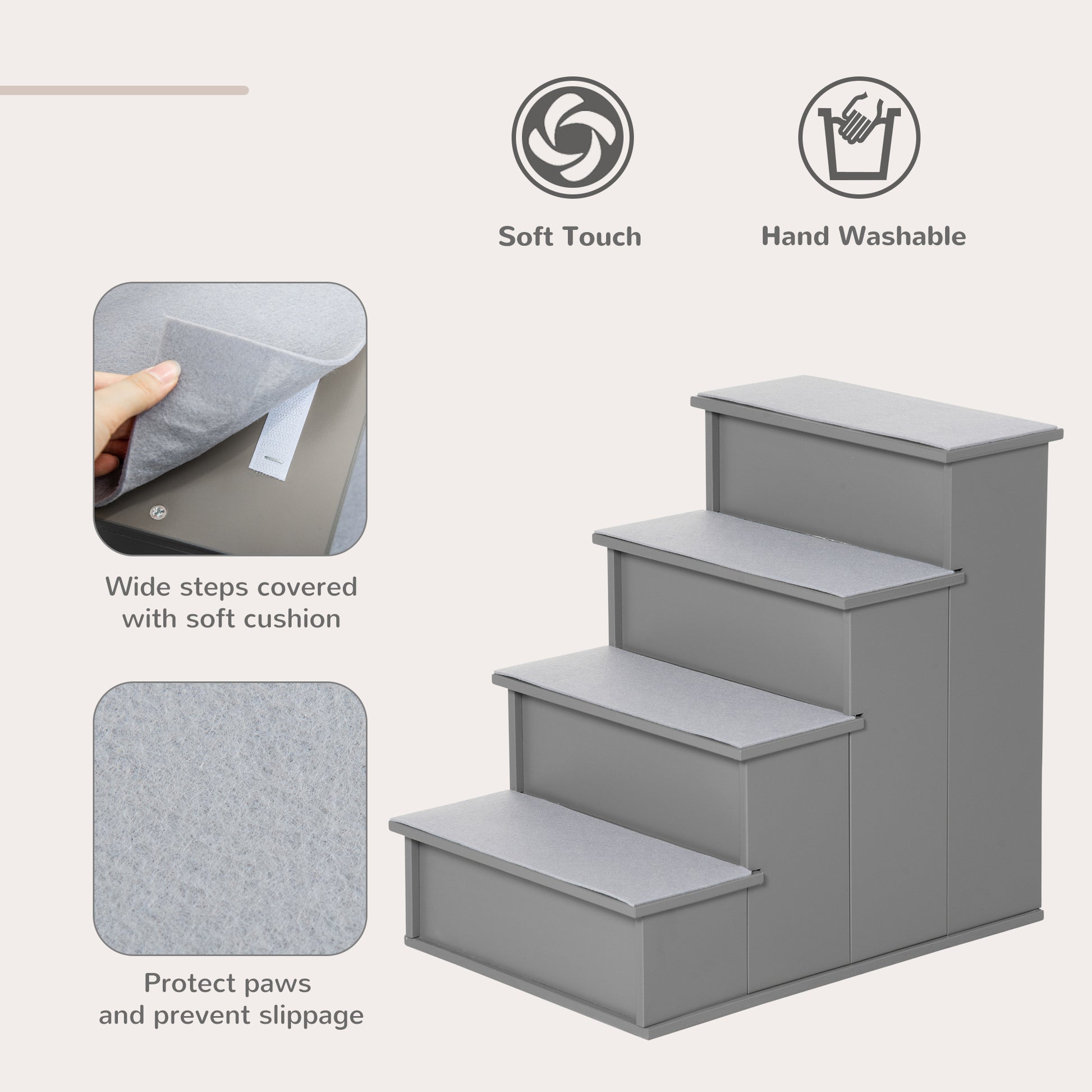 Pawhut Pet Stairs, Small Pet Steps With Cushioned Removable Covering For Dogs And Cats Up To 22 Lbs., Grey Grey Mdf