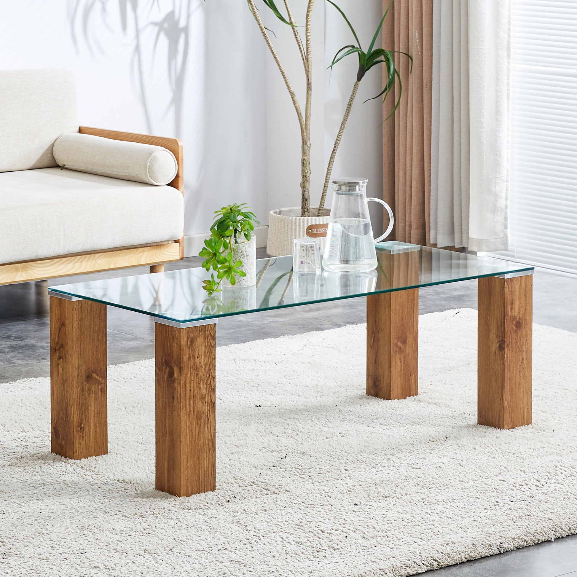 Glass Top Coffee Table,Tea Table, With Mdf Legs Stylish Blend Of Elegance And Durability 44.9"*21.7"*16.9" Transparent Wood Glass