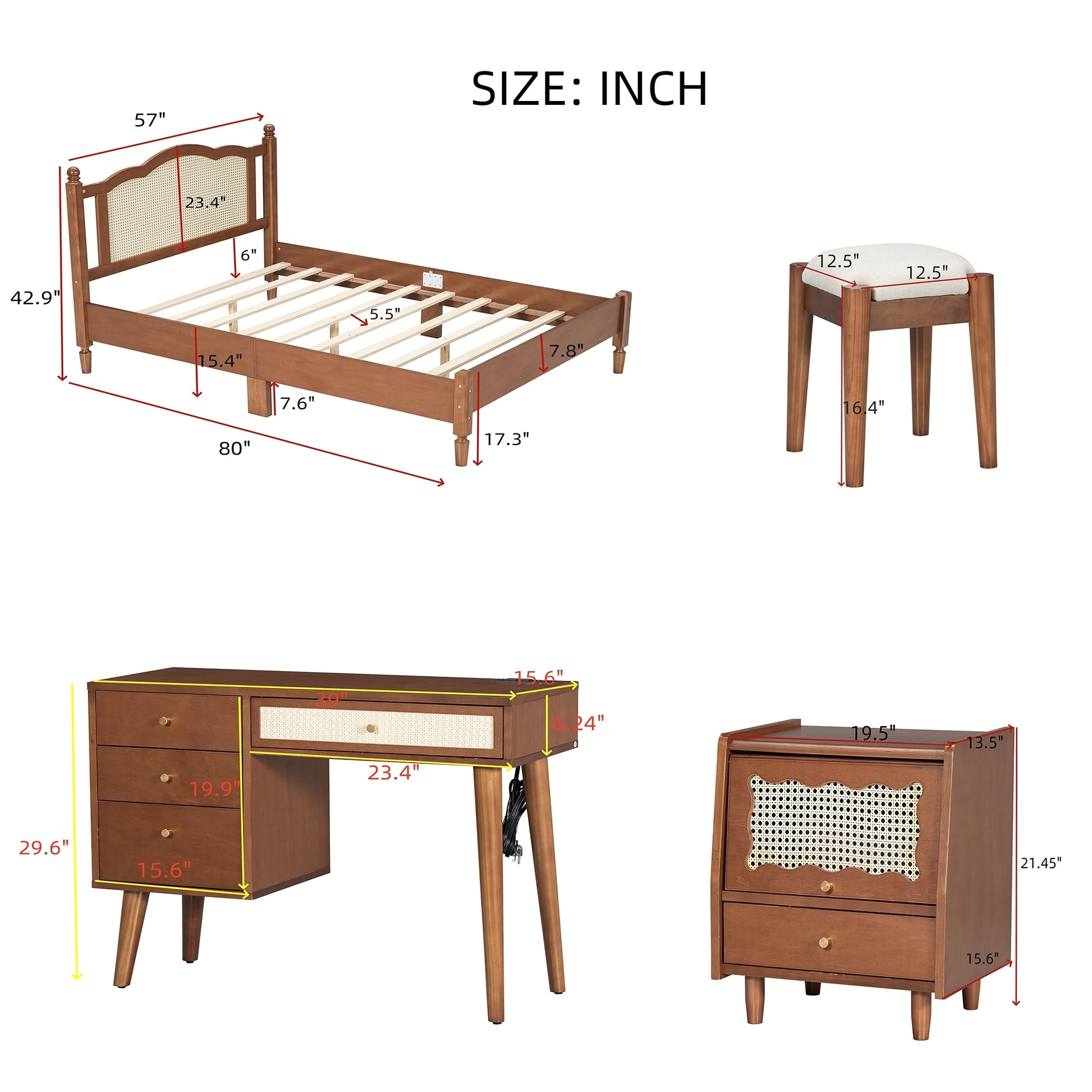 3 Pieces Bedroom Set With Full Size Wooden Bed Frame, 1 Vintage Nightstand And 1 Makeup Vanity Set With Stool,Walnut Full Walnut 3 Piece Set Wood