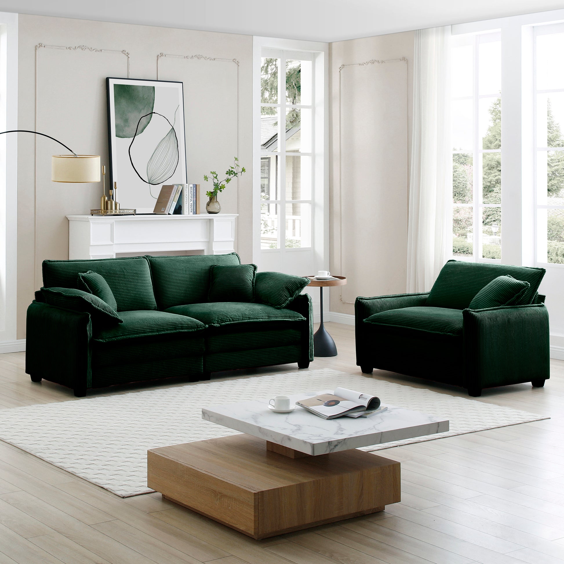 Modern Living Room Sofa Two Pieces Set, Suitable For Living Room And Small Apartment2 Pieces Sofa Set Consists Of A Single Seat Sofa And A 2 Seater Sofas,Green Corduroy Green Corduroy 3 Seat