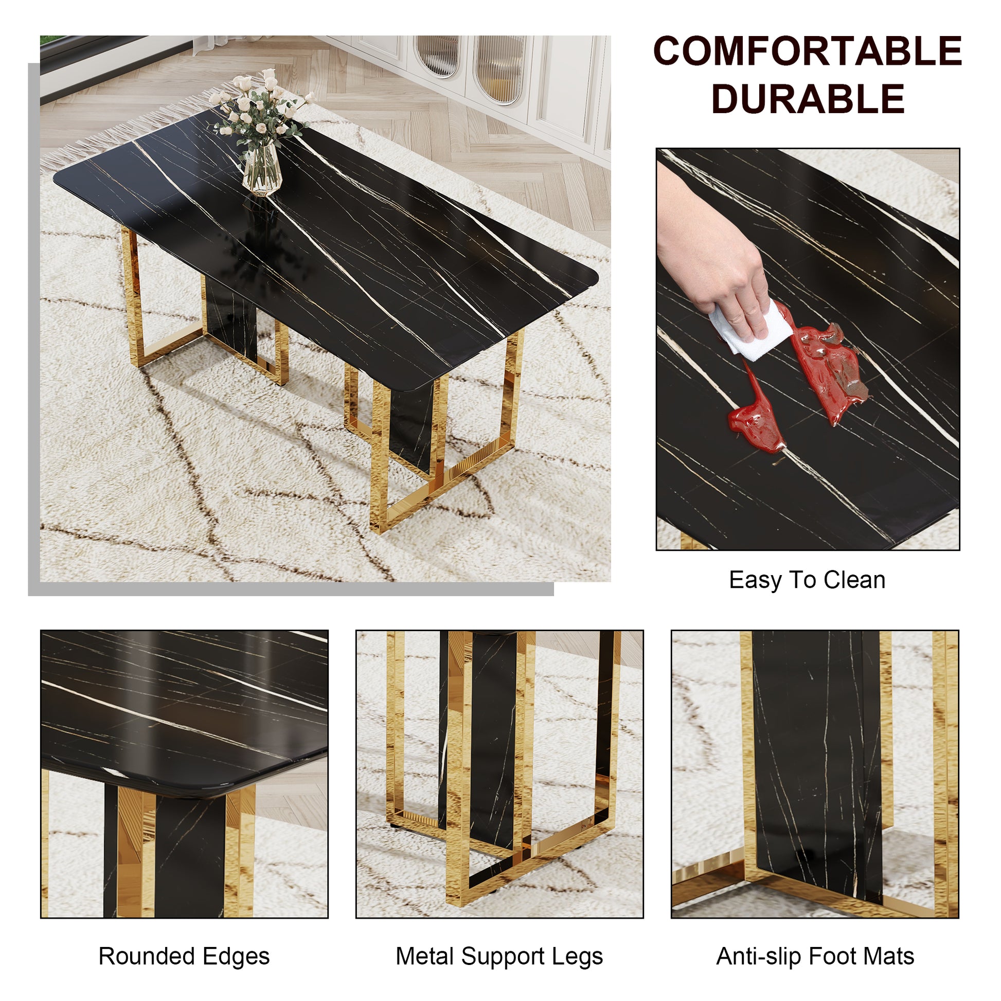 Table And Chair Set. Modern Dining Table With Mdf Top And Beautiful Mdf Legs. Equipped With Comfortable Pu Chairs And Metal Legs. Suitable For A Wide Range Of Decorative Styles. Black,White Seats 8 Mdf