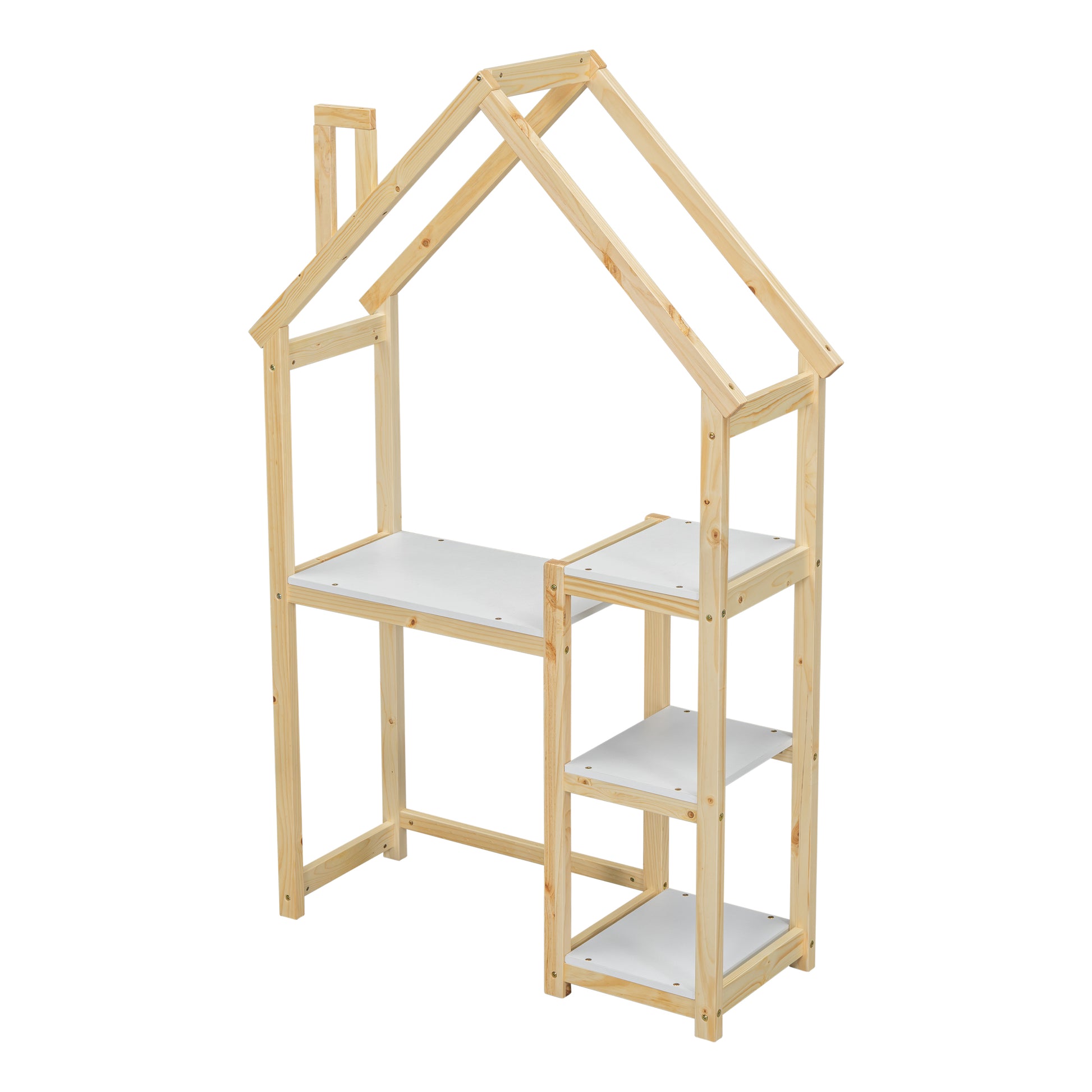 House Shaped Wooden Writing Desk,Kids Study Table,Bookshelf & Toy Storage,Natural Twin Natural American Design Pine