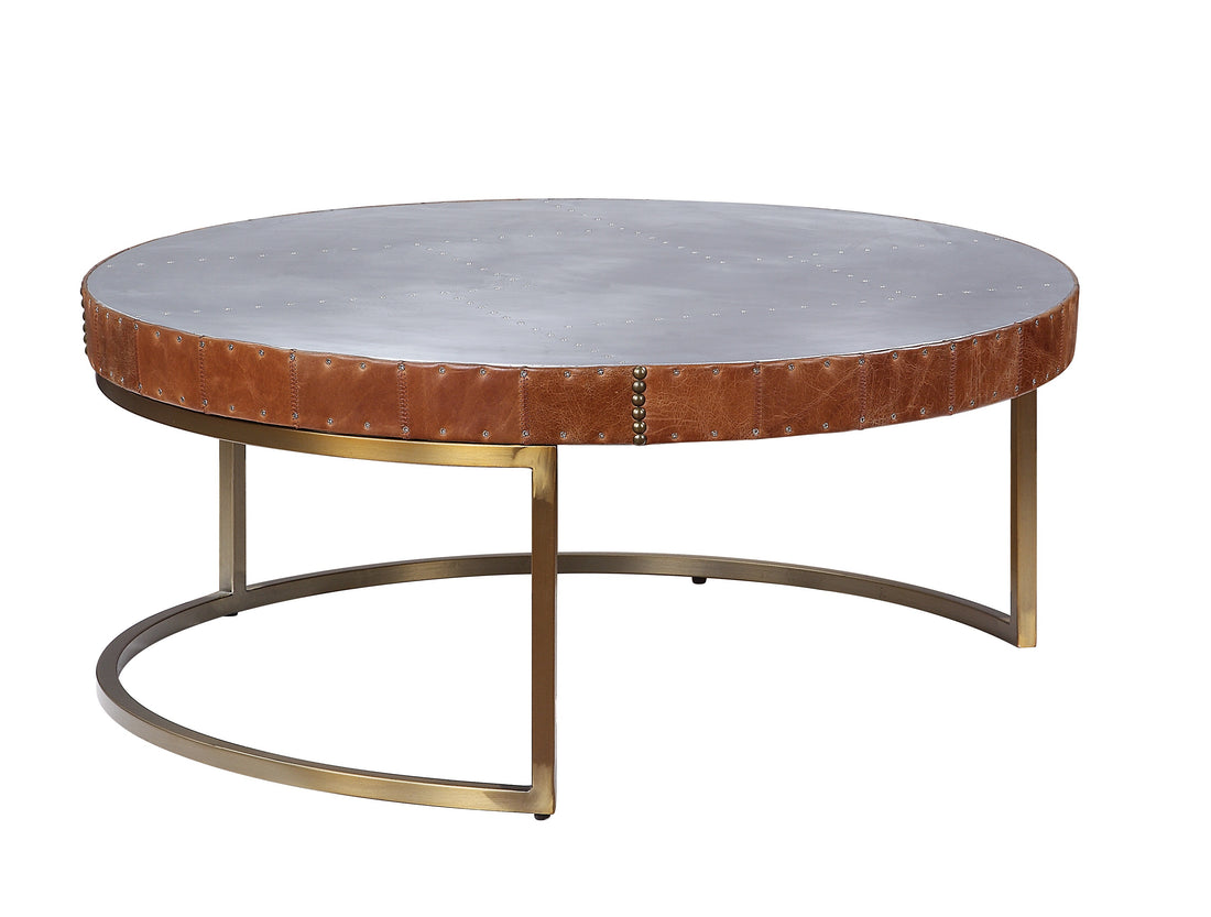 Aluminum And Cocoa Drum Coffee Table Brown Gold Primary Living Space Modern Round Genuine Leather Sled