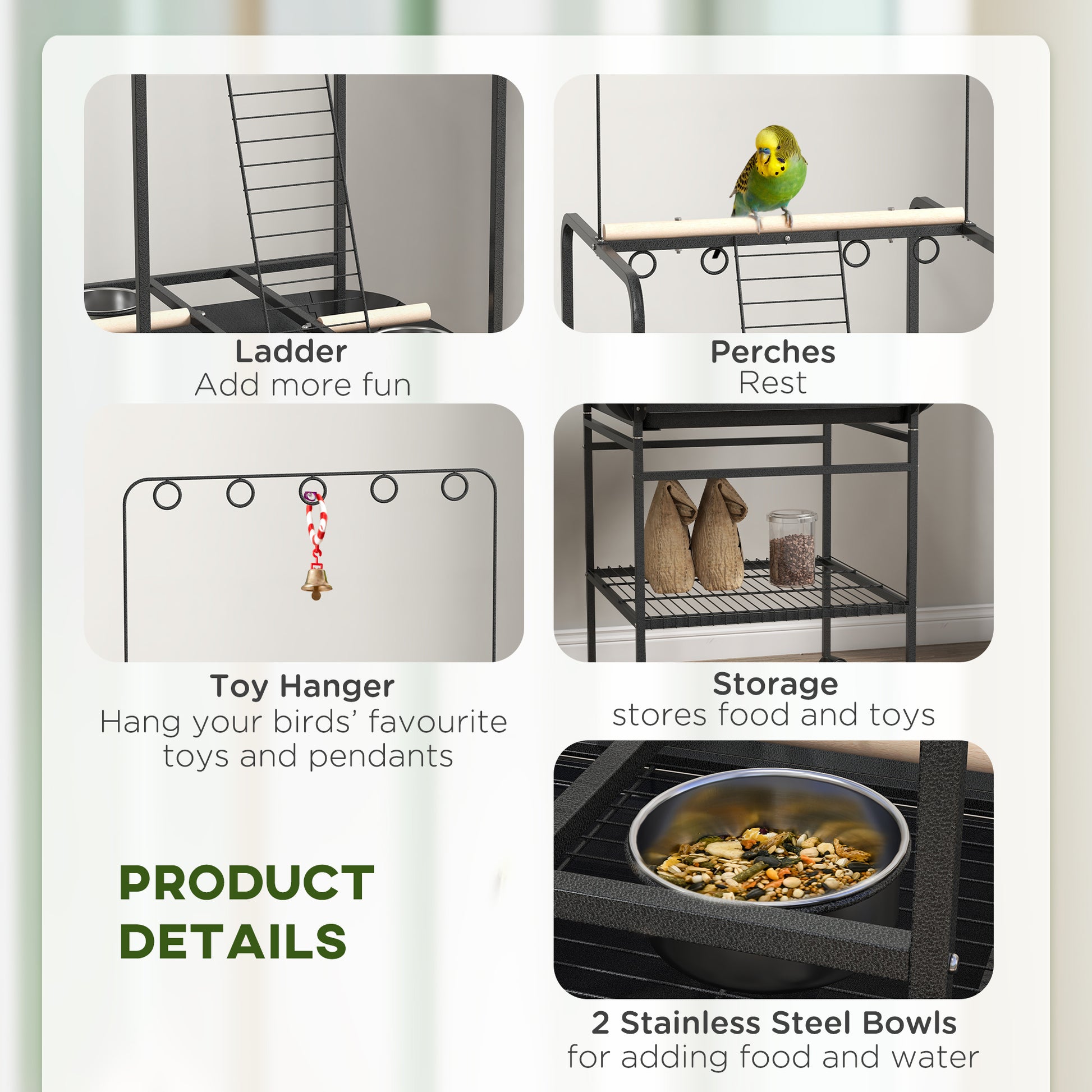 Pawhut Bird Stand With Wheels, Parrot Stand With Perches, Stainless Steel Feed Bowls, Pull Out Tray, Toy Hanger, Bird Play Stand For Indoor Outdoor Small Parrot, Dark Gray Gray Wood