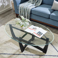 48 Inch Oval Glass Coffee Table, Black Round Coffee Table Center Table With Glass Top, Small Coffee Table For Living Room, Office And Apartment Black Solid Wood Mdf Glass