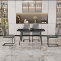 Table And Chair Set. Large Modern Rectangular Table With Black Textured Top And Black Metal Legs. Soft And Comfortable Pu Seats, Faux Leather Upholstered Seats And Sturdy Metal Legs. Grey Black Seats 4 Sintered Stone