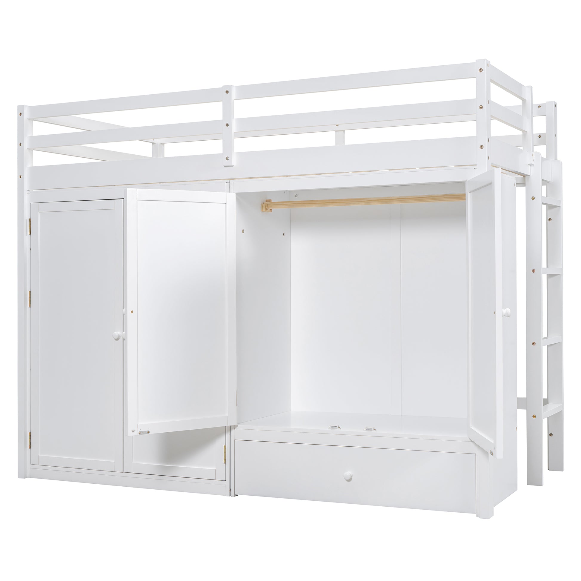 Twin Size Loft Bed With Drawer, Two Wardrobes And Mirror, White White Solid Wood Mdf