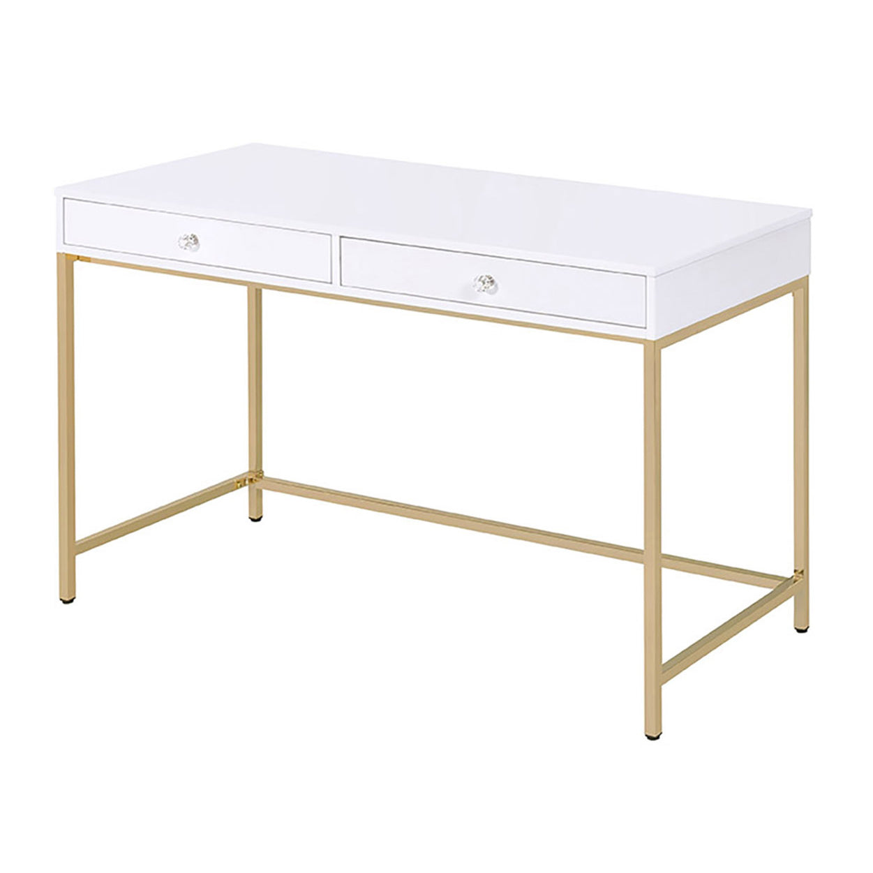 White High Gloss And Gold 2 Drawer Writing Desk White Gold Writting Desk Office Contemporary Freestanding Rectangular Drawers Rectangular Desk Wood Metal H Shape