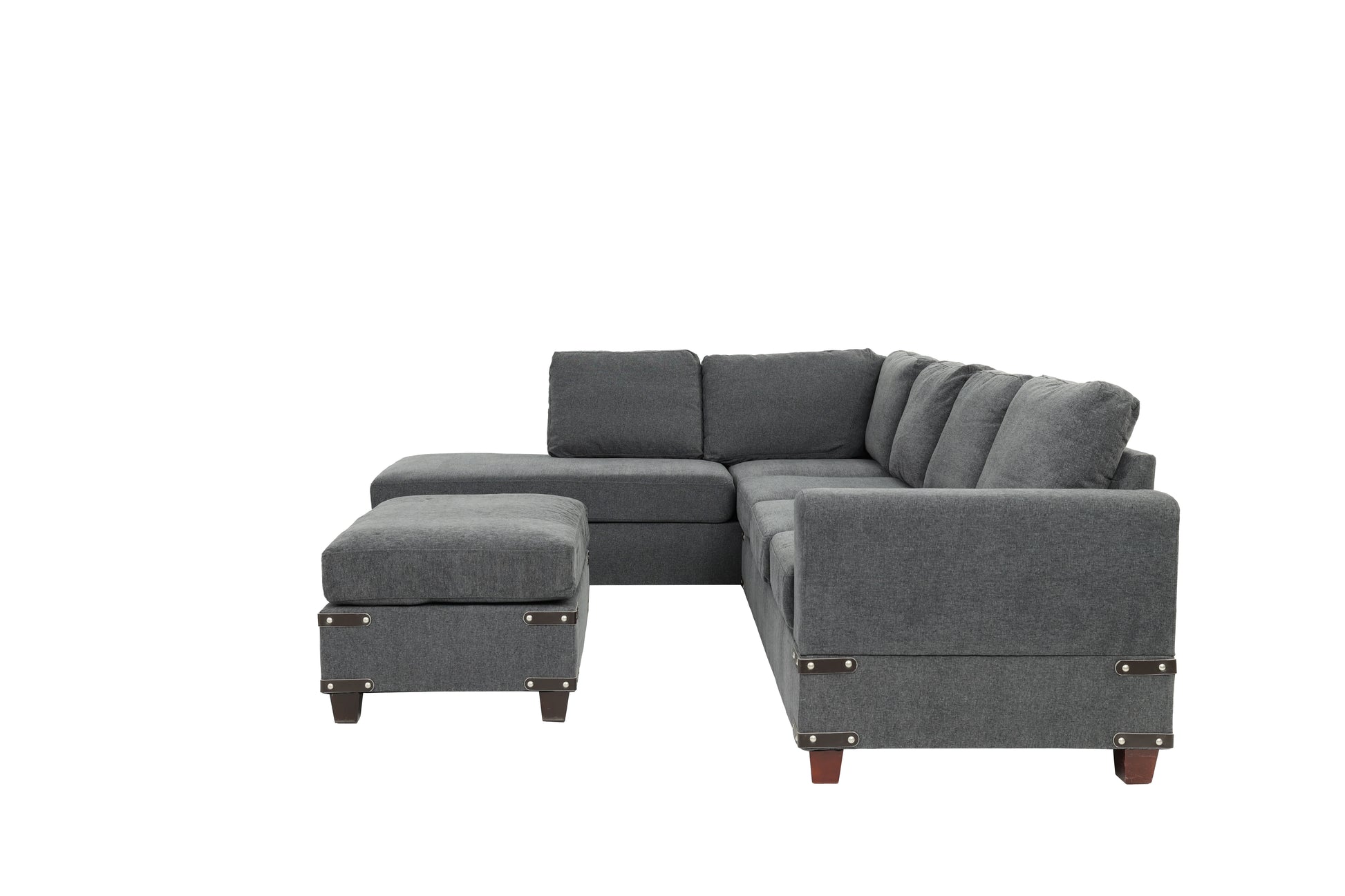 Living Room Furniture Charcoal Chenille Sectional W Ottoman Linen Like Fabric Sofa Reversible L R Chaise Ottoman 3Pc Sectional Sofa Charcoal Chenille Wood Primary Living Space Cushion Back
