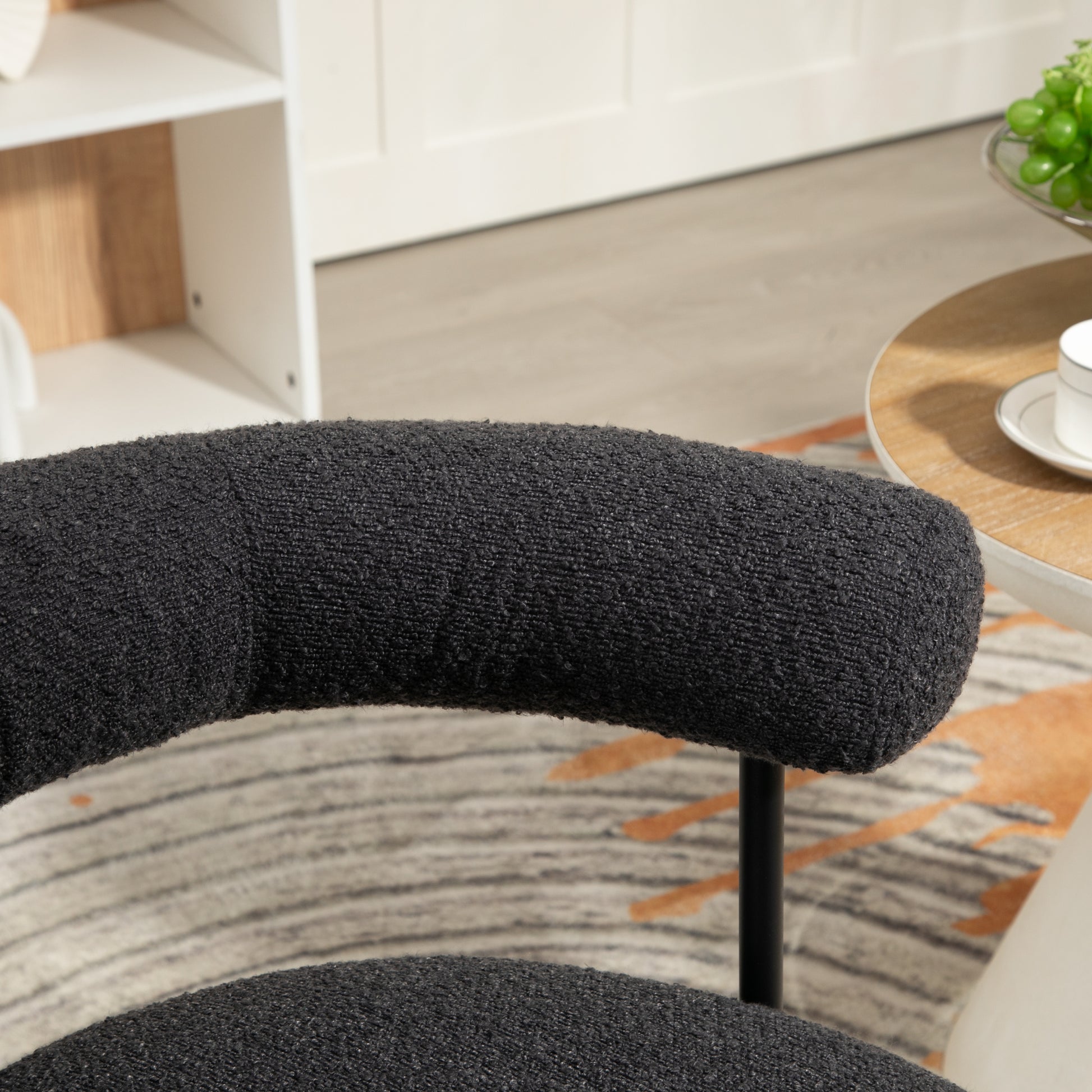 Coolmore Boucle Dining Chairs Set Of 2, Mid Century Modern Curved Backrest Chair, Round Upholstered Kitchen Chairs Carbon Black Boucle Carbon Black Foam Mdf Metal