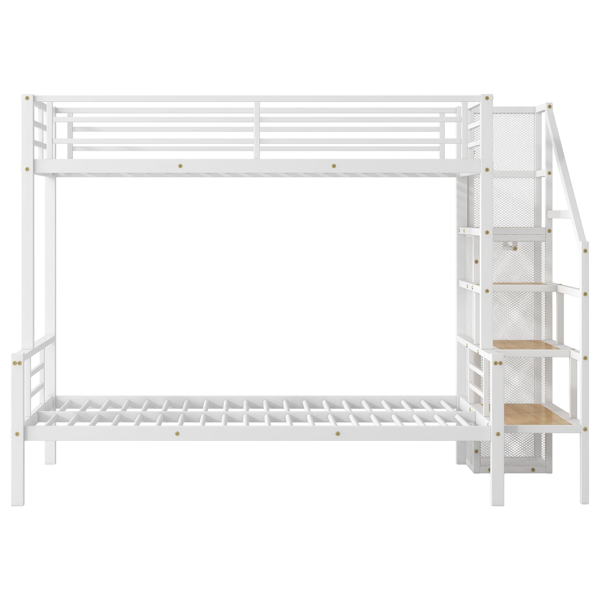 Twin Over Full Size Metal Bunk Bed With Storage Staircase And Open Wardrobe,White Expected Arrival Time:11.15 White Mdf Metal