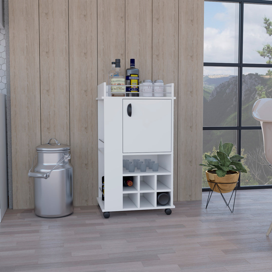 Fargo Bar Cart With Cabinet, 6 Built In Wine Rack And Casters White Primary Living Space Modern Particle Board Shelves Included Engineered Wood