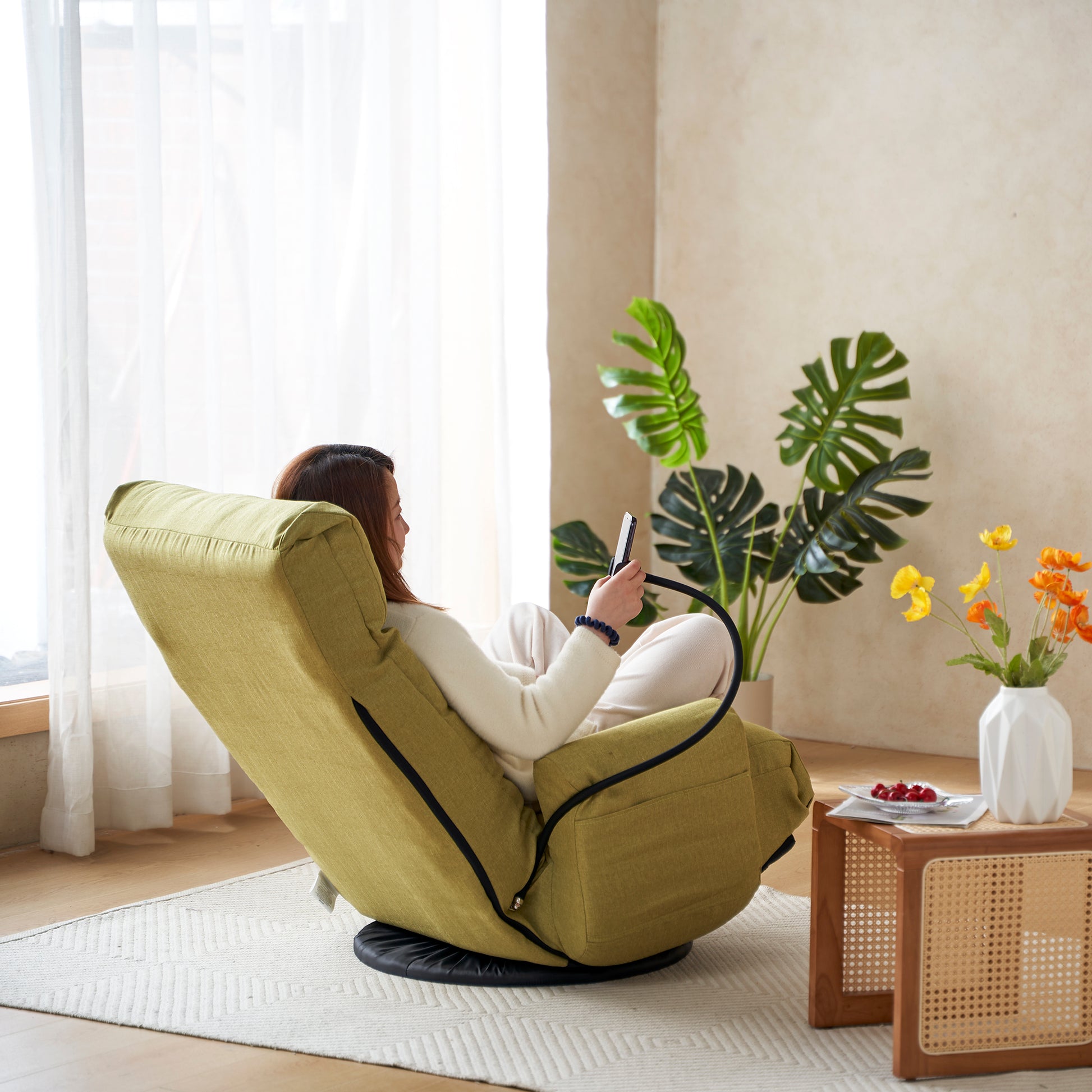 Adjustable Head And Waist, Game Chair, Lounge Chair In The Living Room, 360 Degree Rotatable Sofa Chair,Rotatable Seat Leisure Chair Deck Chair Green Metal Soft Cotton Metal