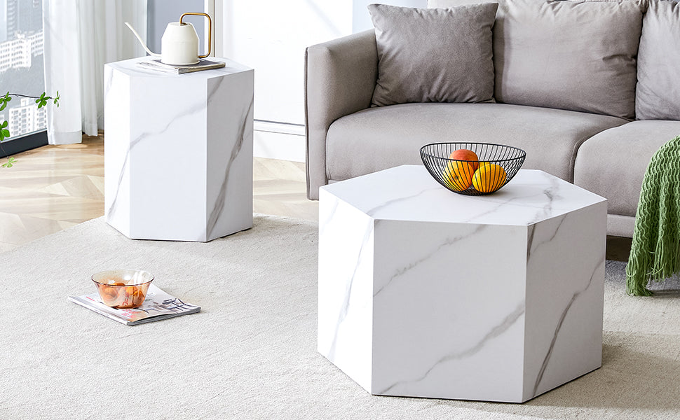 Modern Minimalist Style Hexagonal White Marble Patterned Mdf Coffee Table Set Two Piece Set .Complex Texture Patterns, Style And Texture Coffee Table To Redefine Your Interior Decoration. White Mdf